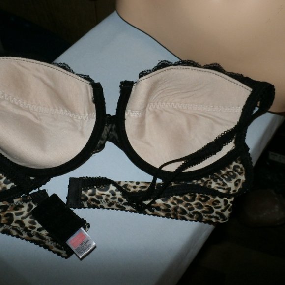 New 36C Heavenly Secrets Leopard Print Bra  Black Lace Plunge  push up underwire - Picture 9 of 11